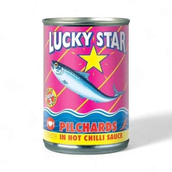 Luckystar Pilchards in Hot Chilli Sauce 400g can with vibrant packaging design.