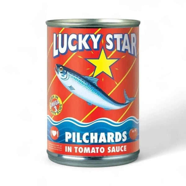 Luckystar Pilchards in Tomato Sauce 400g can, budget-friendly sustainable canned fish.