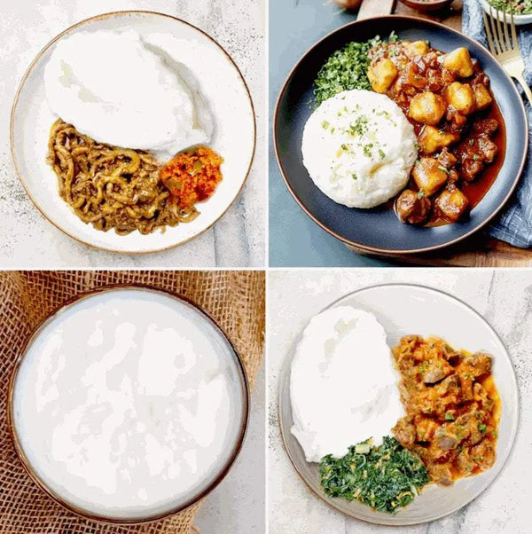 Four plates showcasing traditional South African dishes made with maize meal, including pap with meat, vegetables, and stew accompaniments