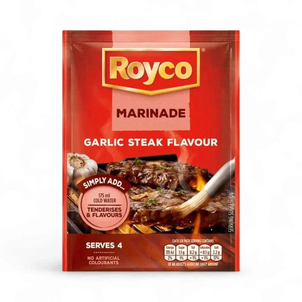 Royco Marinade Garlic Steak 39g packet with bold garlic steak flavor seasoning for tenderizing and marinating meat.