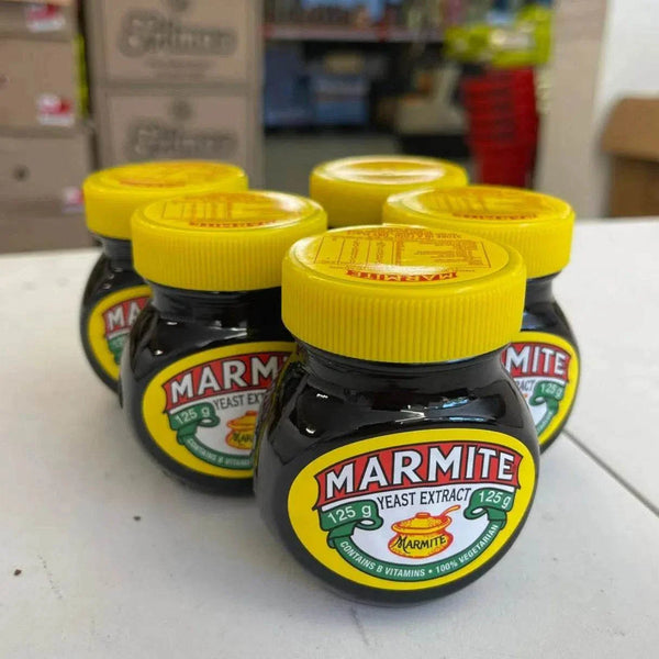 Marmite Yeast Extract jars 125g, rich in B vitamins, vegetarian spread.