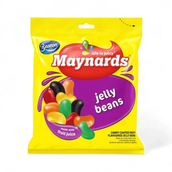 Maynards Fruit Jelly Beans 100g pack with colorful, candy-coated chewy jelly beans made with real fruit juice