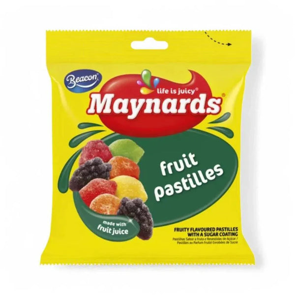 Maynards Fruit Pastilles 100g bag with colorful chewy candies made from real fruit juice, coated in sugar.