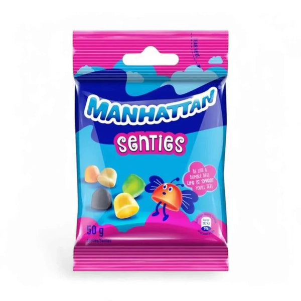 Maynards Senties 50g gummy sweets with vibrant packaging, showcasing colorful fruity flavors.