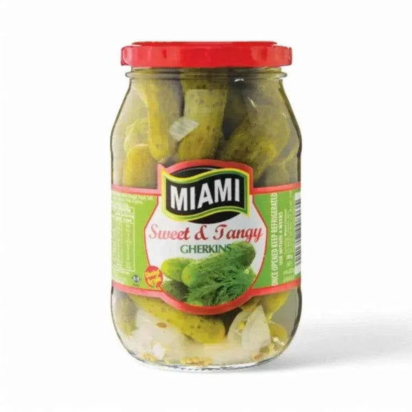 Miami Sweet & Tangy Cocktail Gherkins 380g jar with red lid, ideal for snacking or meal enhancements.