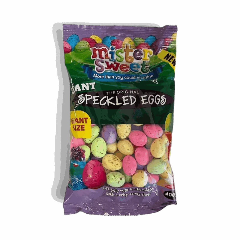 Mister Sweet's Speckled Eggs 400g pack with chocolate and peanut butter speckled eggs