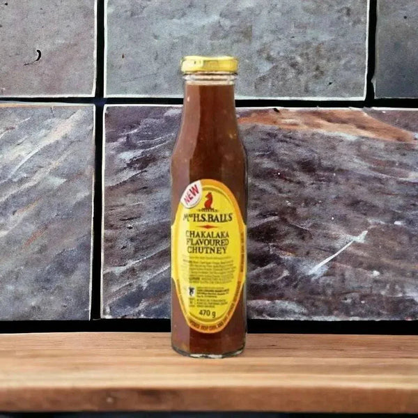 Mrs Balls Chakalaka Chutney 470g bottle with spicy South African chutney inside