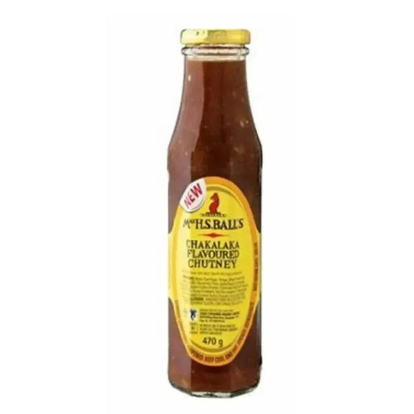 Mrs Balls Chakalaka Chutney 470g glass bottle with spicy South African flavor and thick texture