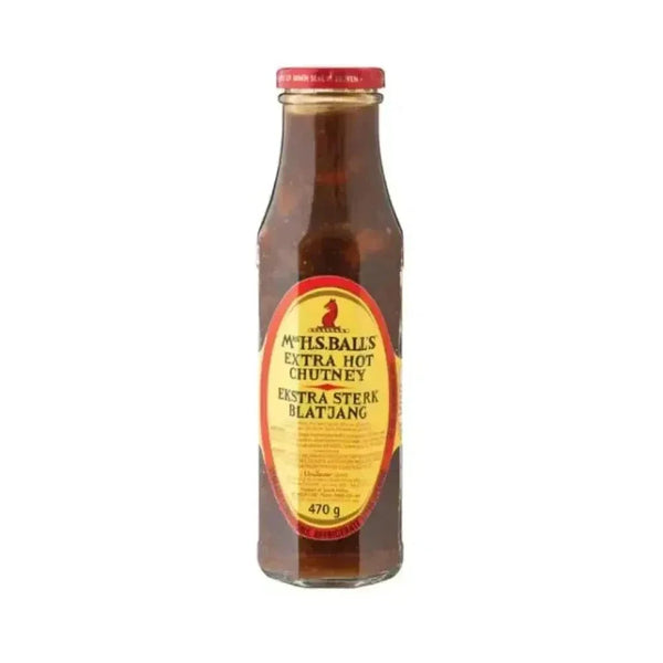 Mrs Balls Chutney XTRA Hot 470g jar with spicy South African fruit chutney