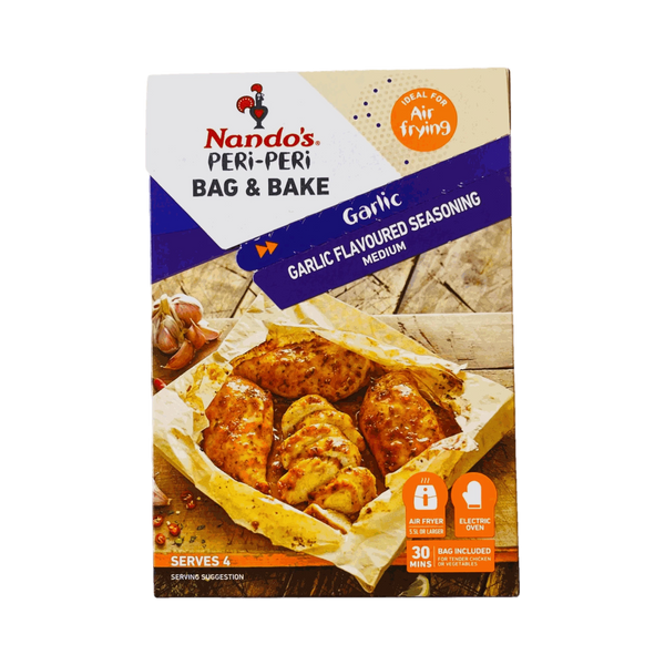 Nando's Peri-Peri Bag & Bake Garlic 20g seasoning with cooking bag for flavorful garlic chicken or vegetables