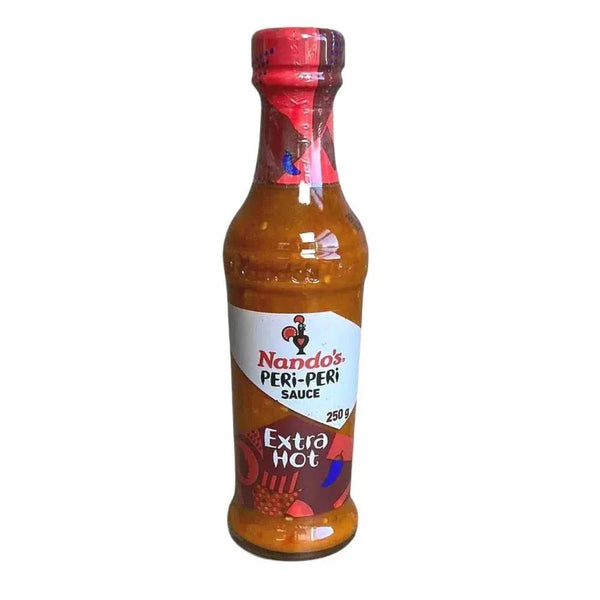 Nando's Peri Peri Extra HOT Sauce 250g bottle with spicy garlic and herb blend.