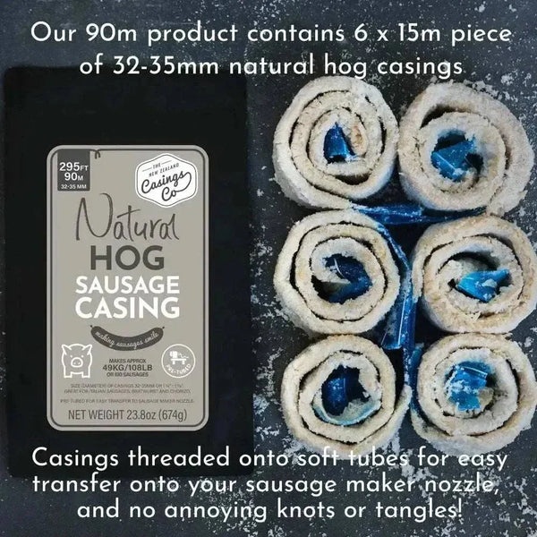 Six pre-tubed 15m natural hog casing lengths in the 90m pack