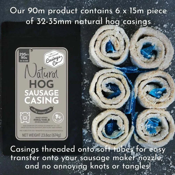 Natural hog casings 32-35mm, 90m - perfect for Boerewors NZ, pre-tubed for easy use, ensures flavorful and juicy sausages.