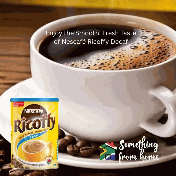 Nescafe Ricoffy Decaf 750g coffee with cup, emphasizing smooth, fresh taste, caffeine-free blend.