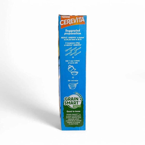 Nestle Cerevita Instant Cereal box side view showing suggested preparation and Grain Smart Project details.