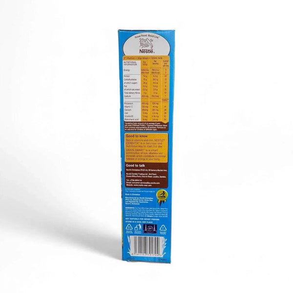 Nestle Cerevita Nutritious Instant Cereal box, corn and chocolate flavor, 500g packaging with nutritional information.