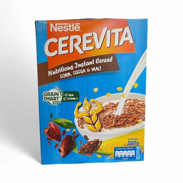 Nestle Cerevita Instant Cereal Corn & Chocolate 500g packaging showing corn, cocoa, and milk ingredients.