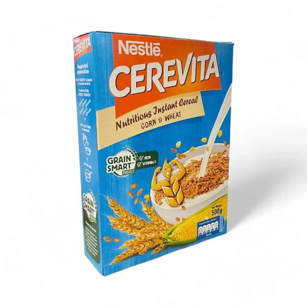 Nestle Cerevita Nutritious Instant Cereal Corn & Wheat 500g packaging with bowl of cereal.
