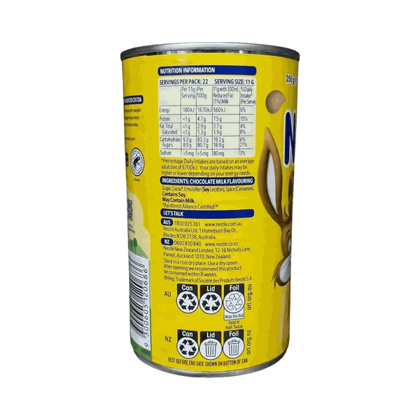 Nestlé Nesquik Chocolate 250g tin with natural cocoa powder for hot or cold milk drinks