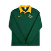 2025 Nike Springboks 30th Anniversary men's long sleeve rugby jersey in green with yellow collar and Springboks logo