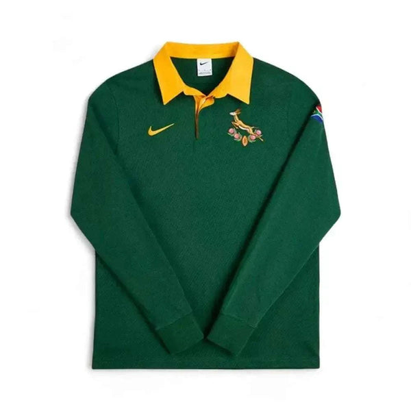 2025 Nike Springboks 30th Anniversary men's long sleeve rugby jersey in green with yellow collar and Springboks logo