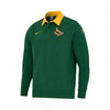 Nike Springboks 2025 men's green long sleeve rugby jersey with yellow collar and team emblem