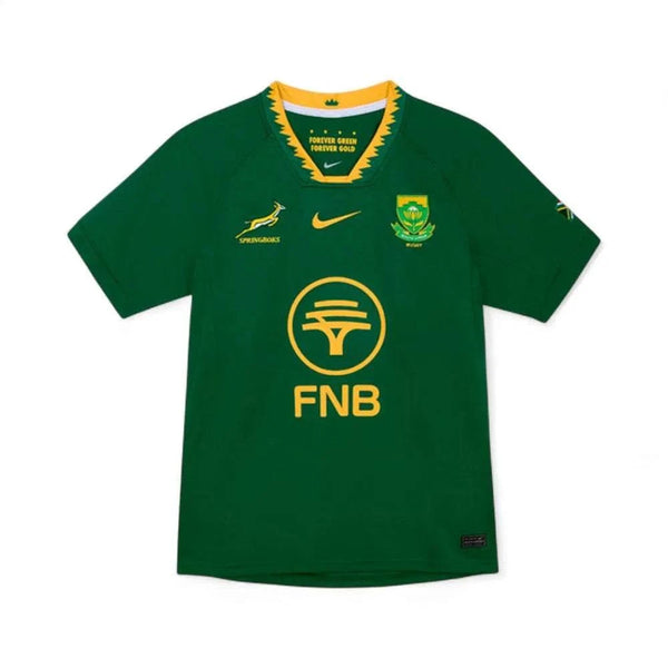 2025 Nike Springboks Home Stadium rugby jersey in green and gold with embroidered Springbok and SA Rugby crest, Nike swoosh, and FNB logo, size 3XL