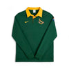 2025 Nike Springboks 30th Anniversary men's long sleeve rugby jersey in green with yellow collar and Springboks logo