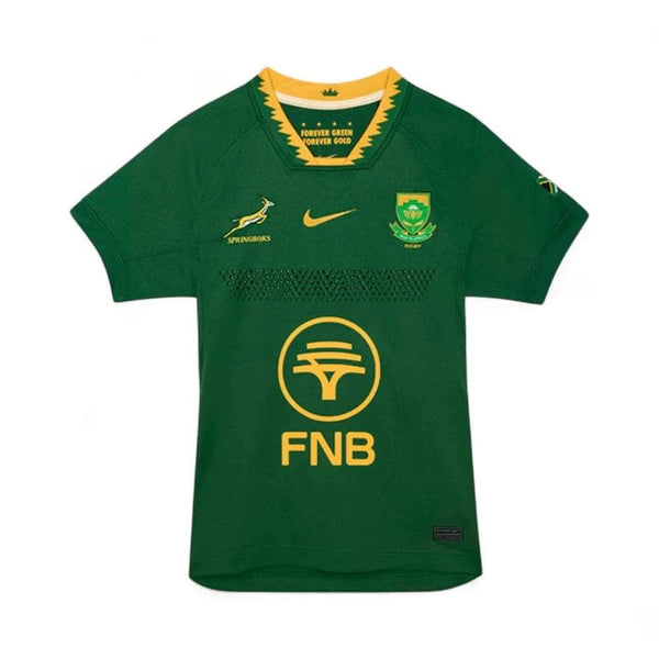 2025 Nike Springboks Slim fit men's rugby jersey in green with yellow accents and sponsor logo, size 3XL