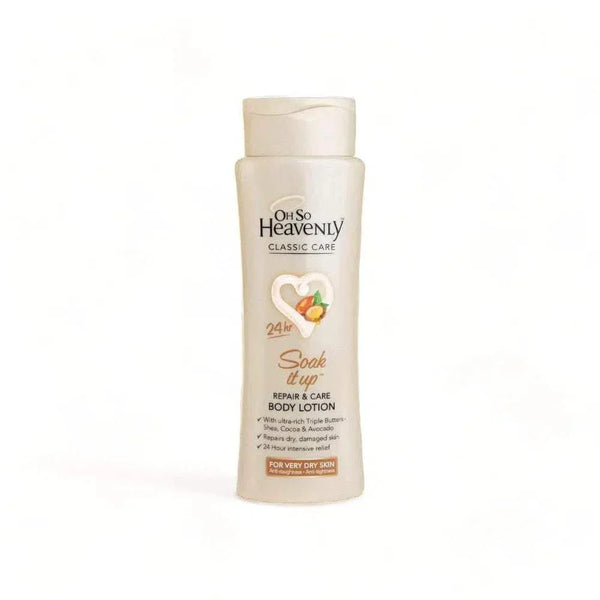 Oh So Heavenly Classic Care Soak It Up Body Lotion 375ml bottle with nourishing ingredients for dry skin, featuring Shea, Cocoa, and Avocado Butter.