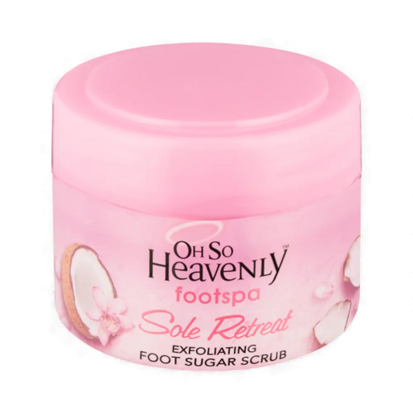 Oh So Heavenly Footspa Sole Retreat exfoliating foot sugar scrub in 220ml pink tub with coconut scent