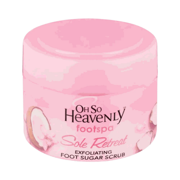 Oh So Heavenly Footspa Sole Retreat exfoliating foot sugar scrub in 220ml pink tub with coconut scent