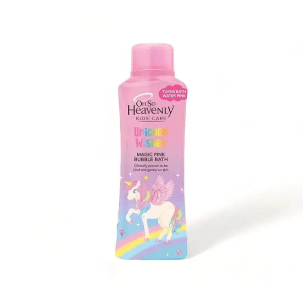 Oh So Heavenly Kid's Care Unicorn Wishes bubble bath bottle with pink and blue design and unicorn illustration