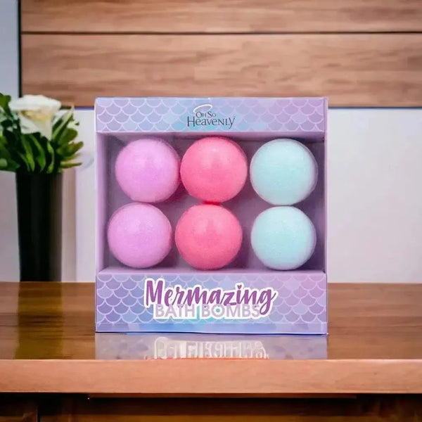 Oh So Heavenly Mermazing Bath Bombs set with green apple, strawberry, and milk & honey scents