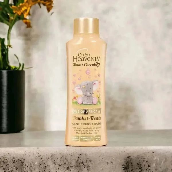 Oh So Heavenly Mum & Cherub Oils of Africa gentle bubble bath 750ml bottle with elephant illustration