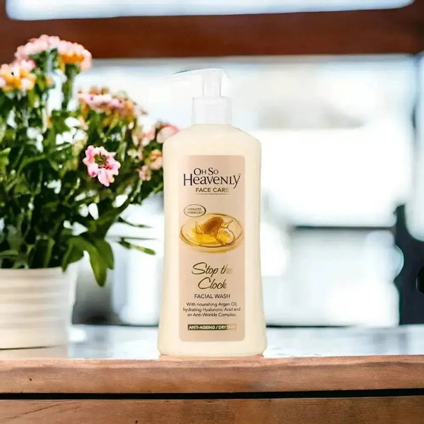 Oh So Heavenly Stop The Clock Facial Wash 450ml with Argan Oil and Hyaluronic Acid for gentle cleansing and anti-wrinkle care