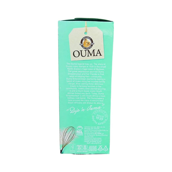 Side of Ouma Coconut Rusks pack with brand story and manufacturer details