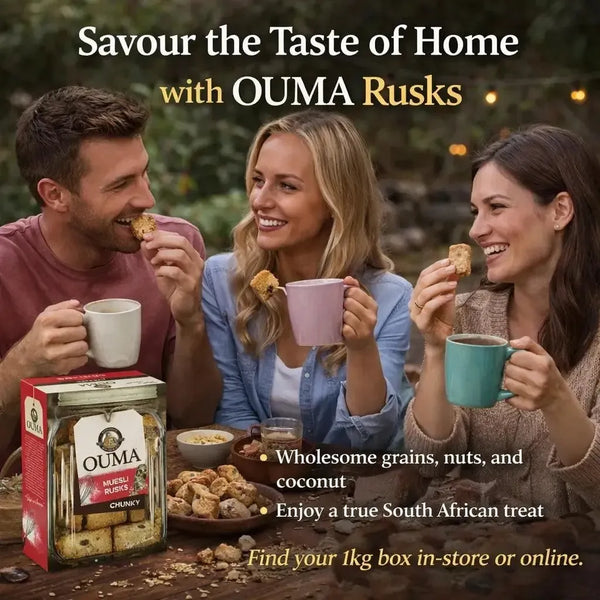 Ouma Rusks Muesli 1kg box with oats, peanuts, coconut, and raisins