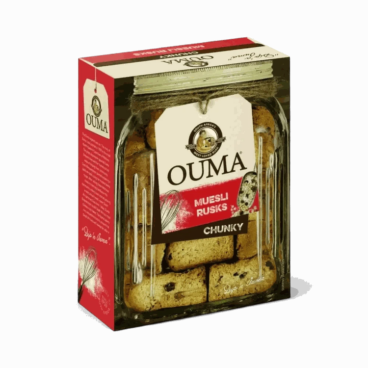 Ouma Rusks Muesli 1kg box with chunky muesli rusks in a clear jar packaging