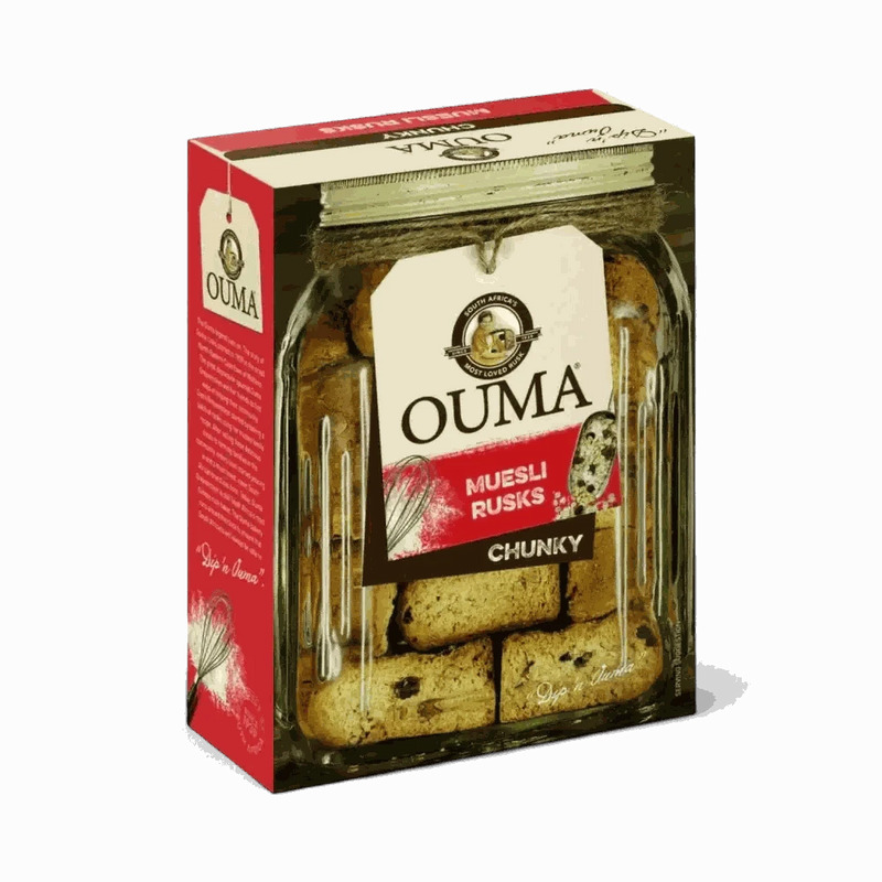 Ouma Rusks Muesli 1kg box with chunky muesli rusks in a clear jar packaging