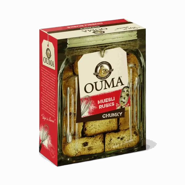Ouma Rusks Muesli 1kg box with chunky muesli rusks in a clear jar packaging