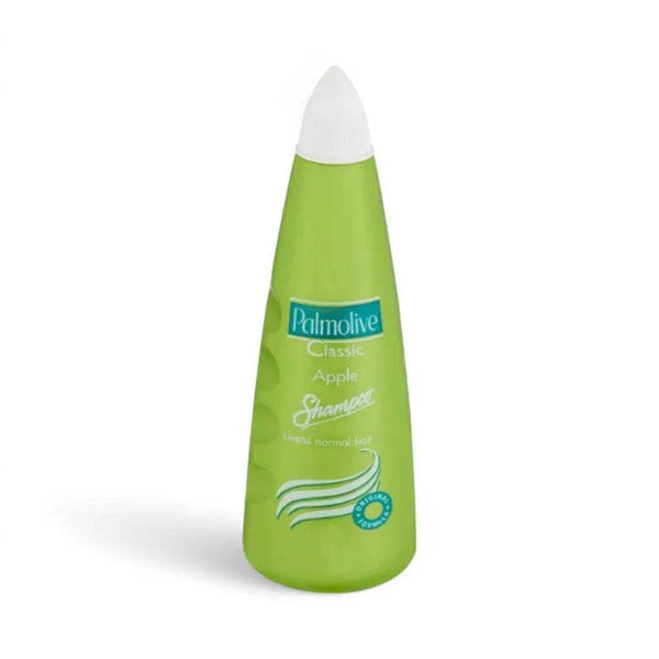 Palmolive Shampoo Apple 350ml green bottle with cap, featuring fresh apple scent for normal hair.