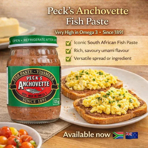 Peck's Anchovette Fish Paste 125g glass jar with rich South African anchovy and pilchard blend, high in Omega-3, spreadable umami flavor