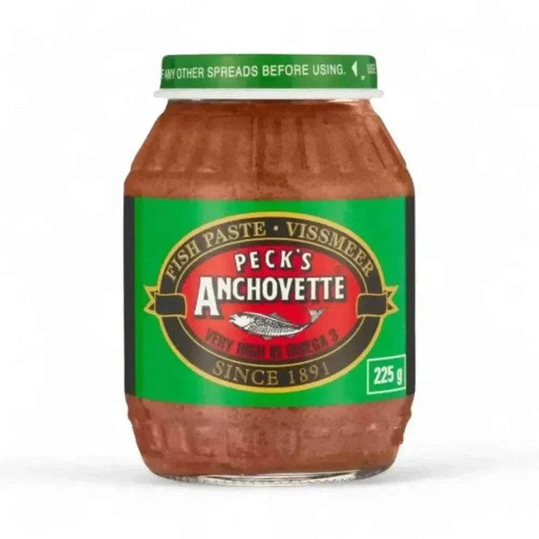 Peck's Anchovette Fish Paste 225g jar with rich, smooth fish spread rich in Omega-3 fatty acids