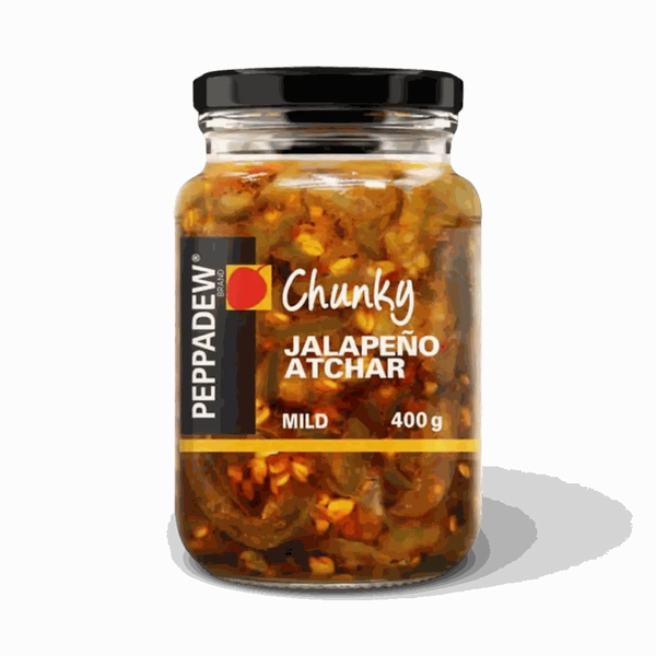 Peppadew Atchar Jalapeno Mild 400g glass jar with chunky jalapeño pieces and mild heat