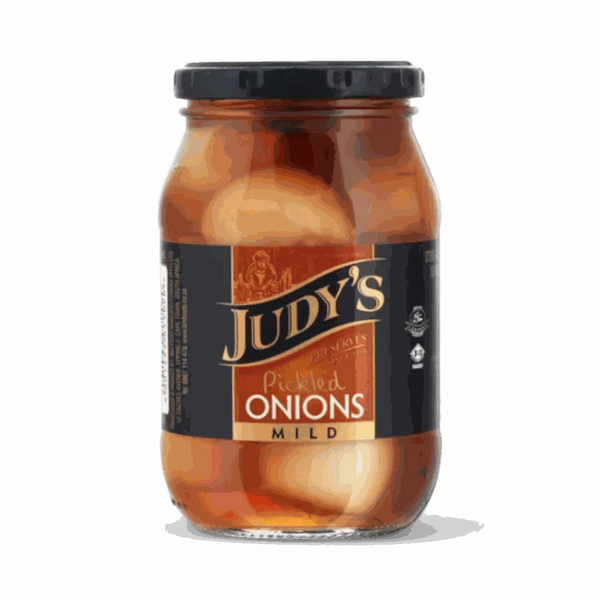 Judy's Mild Pickled Onions 410g jar with tangy, crunchy onions for snacking and recipes