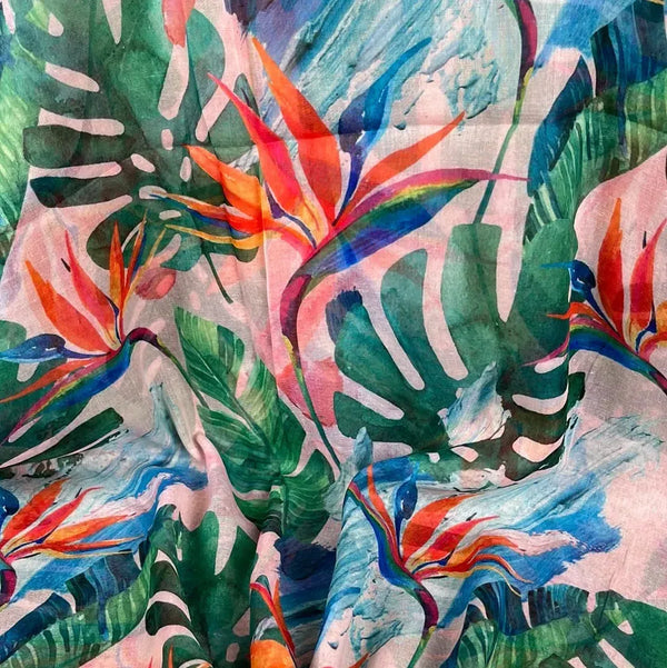 Scarf - Pink with Strelitzias and Green Leaves - Something From Home - South African Shop