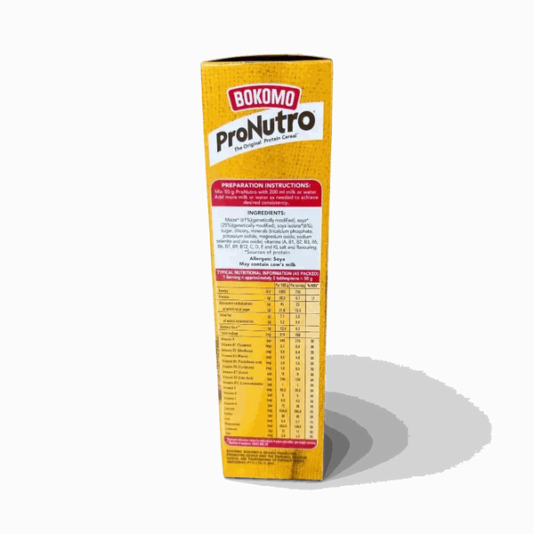 Bokomo ProNutro Original 500g protein cereal box with nutrition facts and preparation instructions