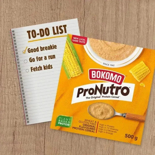 Bokomo ProNutro Original 500g protein cereal box with nutritional highlights