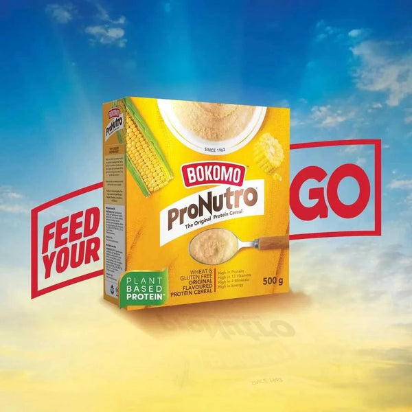 Bokomo ProNutro Original 500g cereal box against a sky background with "Feed Your Go" text.